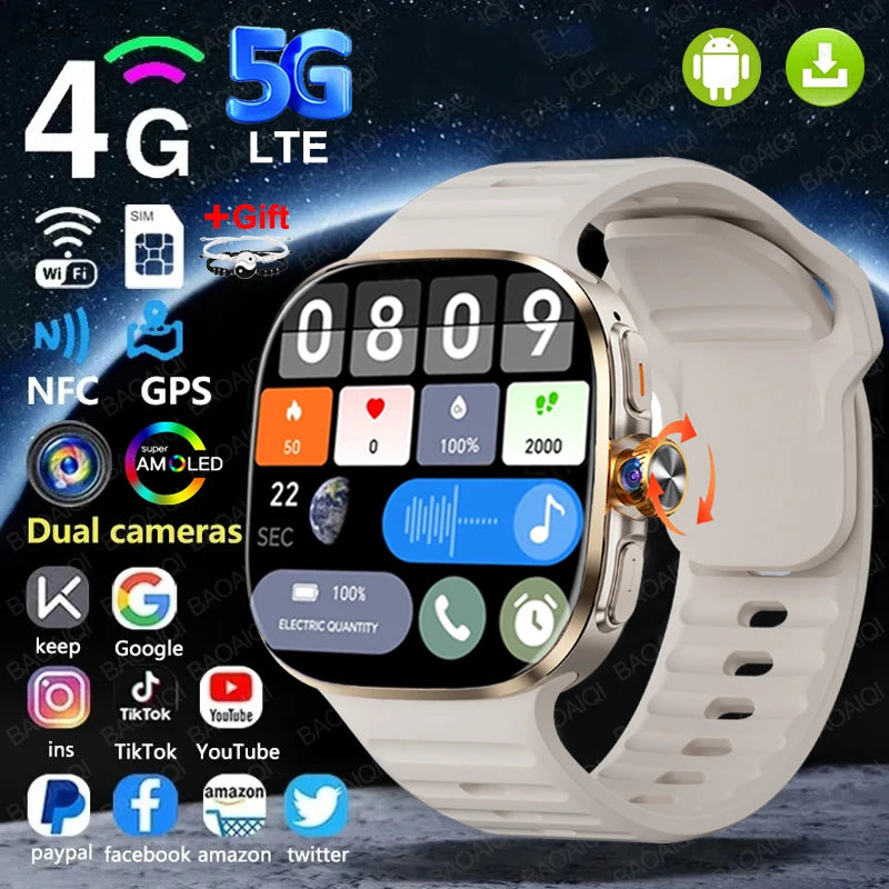 Relógio Inteligente 5G com Tela AMOLED HD de 720*720, Chamada de Vídeo, 8GB+128GB RAM, GPS, WIFI, Google Play, Relógio Inteligente com Previsão do Tempo