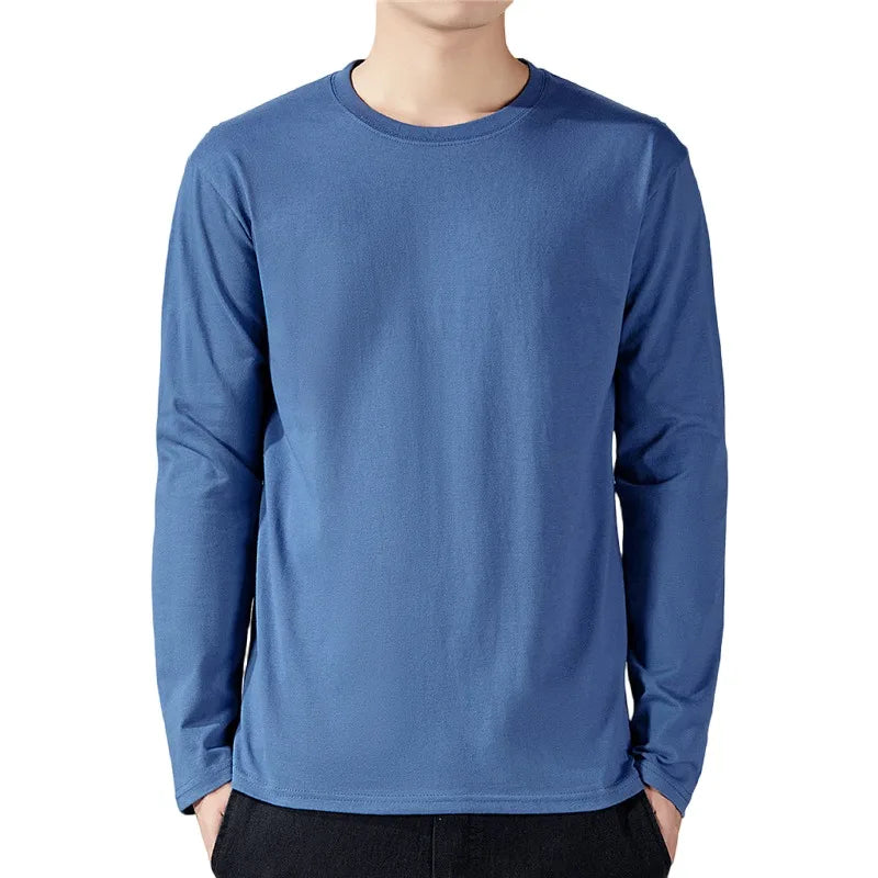 Camisetas masculinas de manga longa de algodão, roupas monocromáticas, comprimento total, primavera e outono