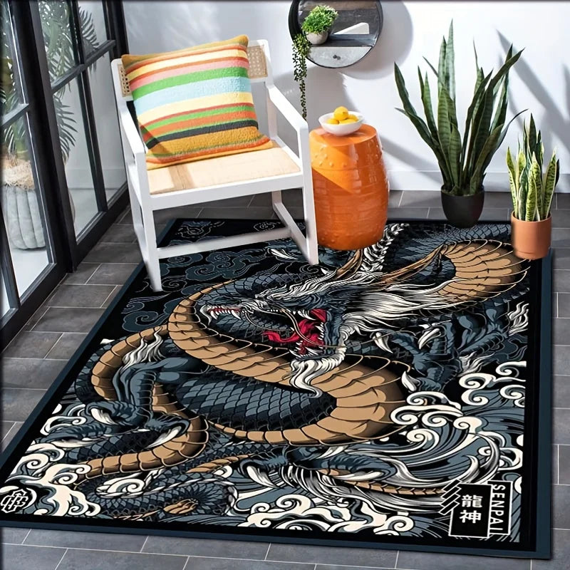 Tapete de Veludo Flanelado com Estampa de Dragão Chinês, Design Mítico, Carpete Decorativo para Sala de Estar e Decoração de Casa