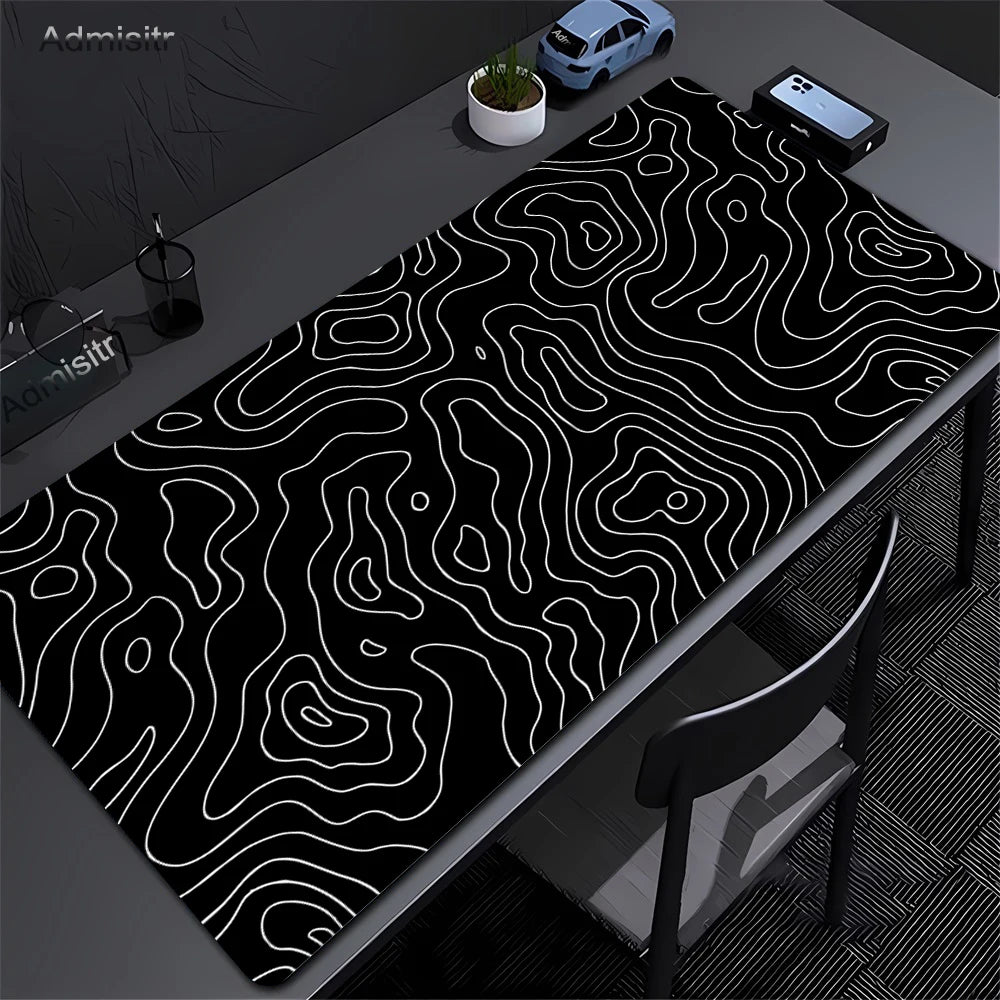 Xxl tapete de mesa preto e branco strata líquido mousepad grande abstrato mouse pad jogos deskmat com lockedge escritório antiderrapante tapete