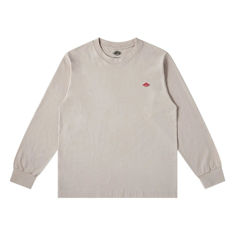 Primavera exportada para o japão estilo clássico moda sólida simples solta manga longa camiseta de algodão topo homem pequena ícone bordado t