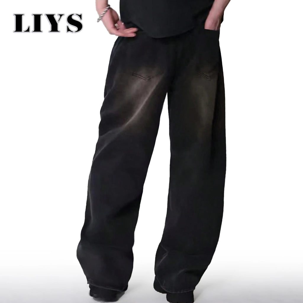 Calça jeans masculina de quatro estações, versão coreana, estudante, casual, alta rua, reta, solta, perna larga, preto, cinza, azul, baggy jean
