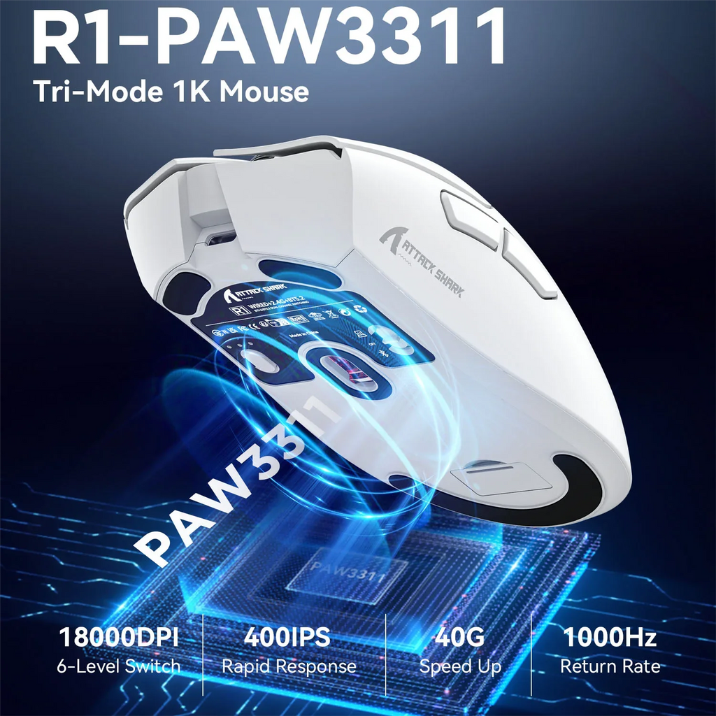 Mouse Bluetooth Attack Shark R1 e fita adesiva R1 PAW3311 1K HZ Macro Gaming Mouse para lactop/pad/pc
