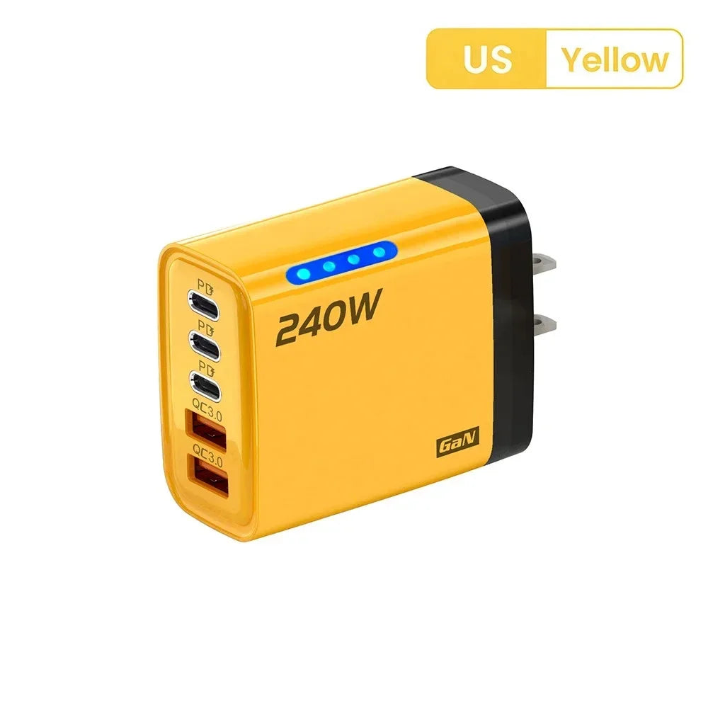 Carregador de Mesa USB C GaN 240W 5 em 1, Adaptador de Carregamento Rápido para Telefone, Cabo Tipo C 10A para iPhone, Samsung, Xiaomi, Carregador com Plugue EU/US/UK