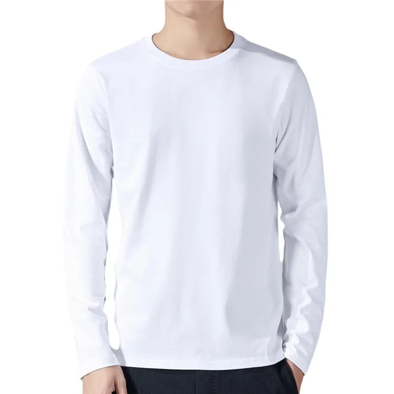 Camisetas masculinas de manga longa de algodão, roupas monocromáticas, comprimento total, primavera e outono