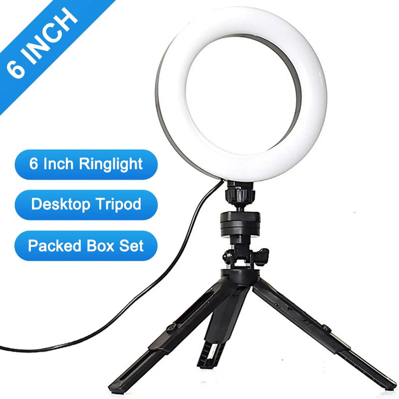 6 Polegada mini led selfie anel luz desktop lâmpada de vídeo com tripé suporte plug usb para youtuber vlog estúdio maquiagem ao vivo