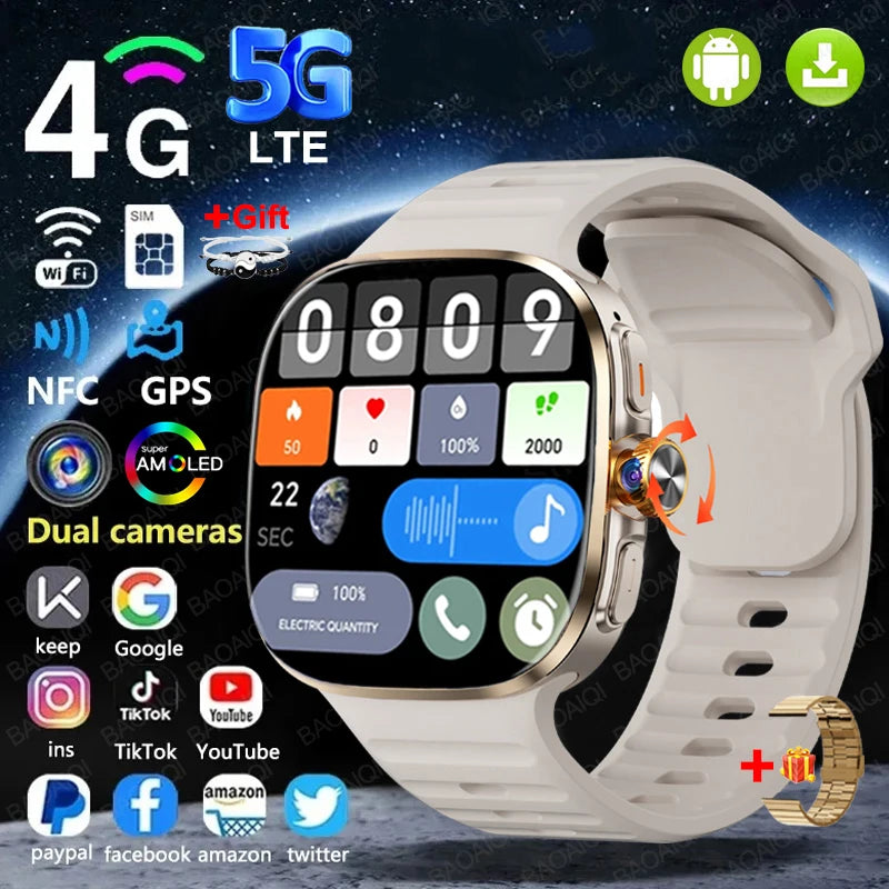 Relógio Inteligente 5G com Tela AMOLED HD de 720*720, Chamada de Vídeo, 8GB+128GB RAM, GPS, WIFI, Google Play, Relógio Inteligente com Previsão do Tempo