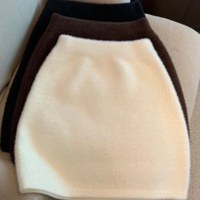 Cintura elástica magro feminino saia curta sexy elegante all-match básico mini saia inverno doce casual malha imitação de pele de vison saia