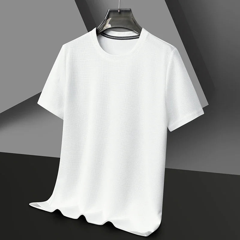 Novo verão waffle em torno do pescoço manga curta camiseta para homem de manga curta topo