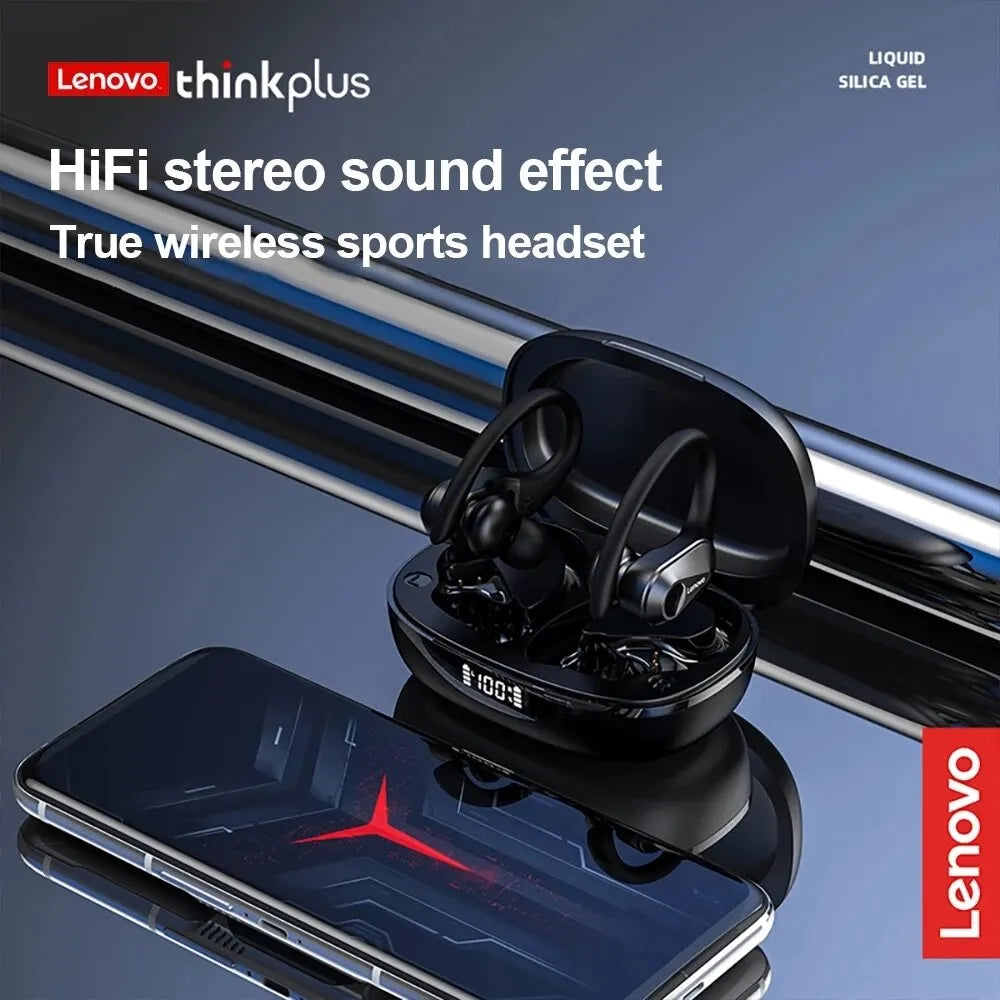 Lenovo-Fones de Ouvido Esportivos Sem Fio com Microfone, Controle de Botão, Display LED Power, Som Stereo Hifi, Bluetooth 5.3 TWS Headphones, LP75