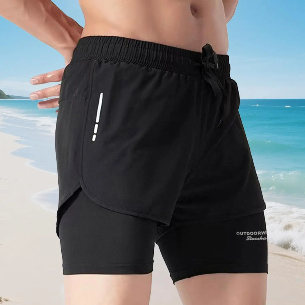 Calções de banho masculinos de secagem rápida com forro de compressão para praia, piscina, corrida e academia