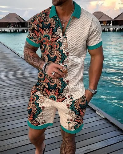 Agasalho de verão masculino terno esportivo conjunto 3d impresso casual manga curta t camisa lapela zip polo roupas masculinas jogging
