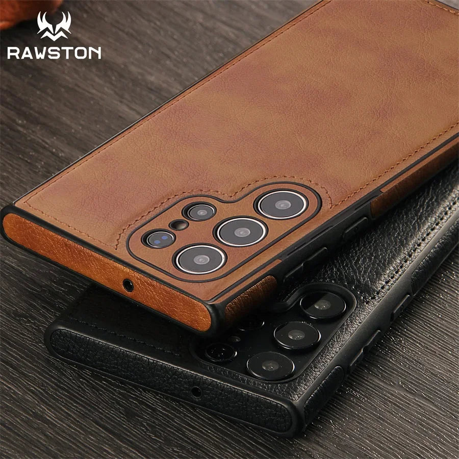 Capa de Couro PU Vintage de Luxo para Samsung S26 Ultra S25 S24 Plus S23 S22 S26Ultra, Capa Traseira Fina e Antichoque com Bumper Macio para Câmera