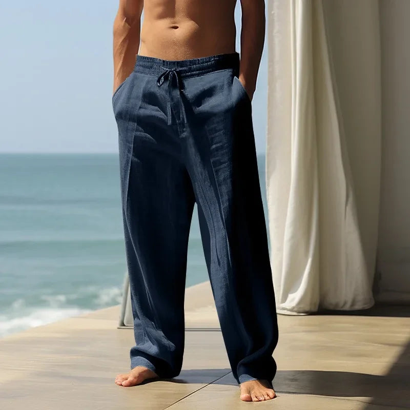 Calças masculinas de linho de algodão 2025 verão novas calças casuais soltas cintura alta respirável plus size haren calças emagrecimento calças largas