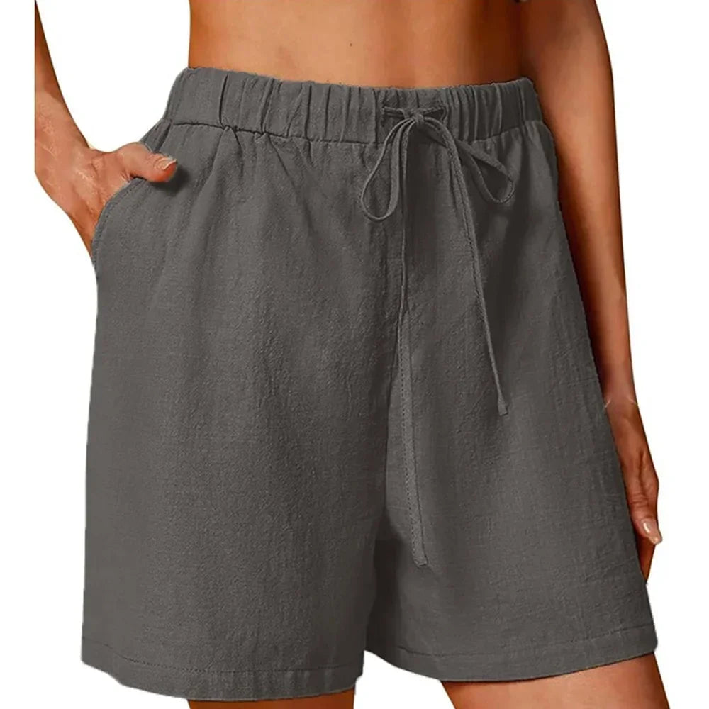 Verão feminino casual shorts cordão cor sólida algodão linho calças curtas feminino solto em linha reta jogging ao ar livre streetwear
