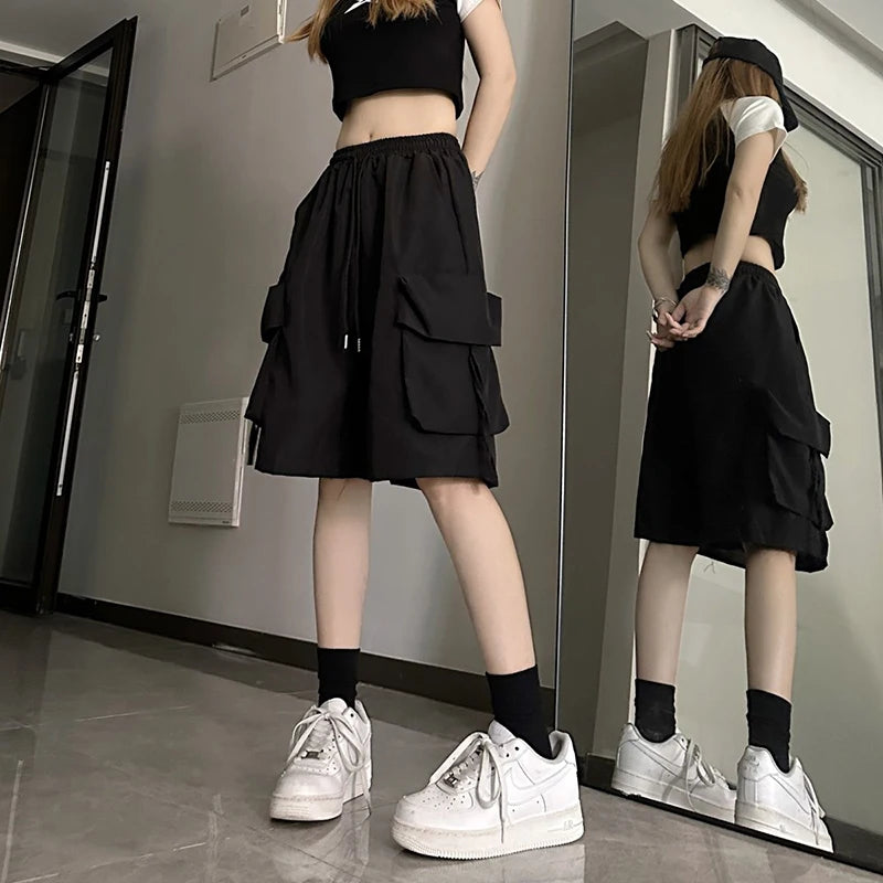 Zoki mulheres cintura alta carga shorts estilo americano streetwear verão calças de perna larga moda feminina grande bolso solto shorts novo