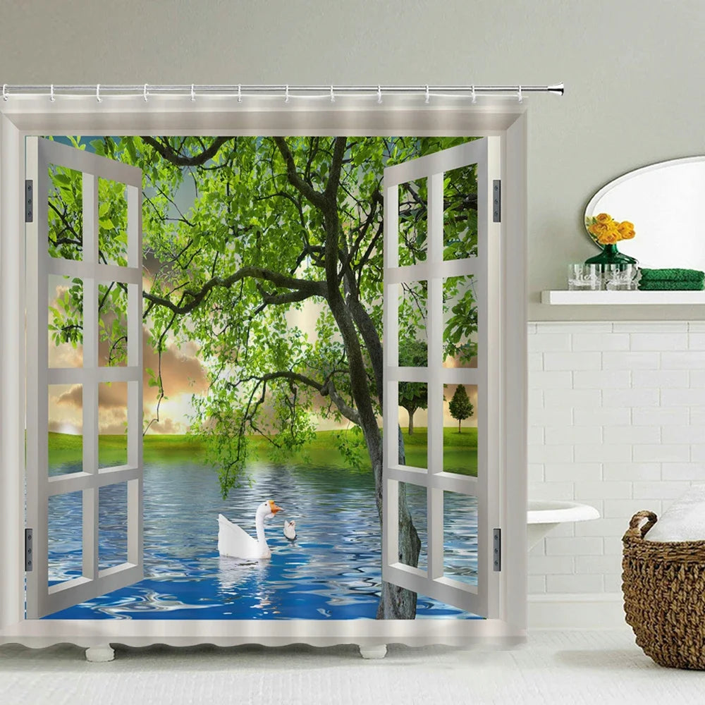 Cortina de banho 3d impressão janela cenário floresta cortinas de chuveiro 180*200cm à prova dwaterproof água cortina do banheiro tecido lavável com ganchos