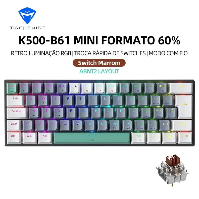 Machenike K500-B61 Mini Teclado Mecânico 60% ABNT2 Layout RGB Backlight Hot-swappable NKRO Wired Gaming Teclado Para PC Gamer