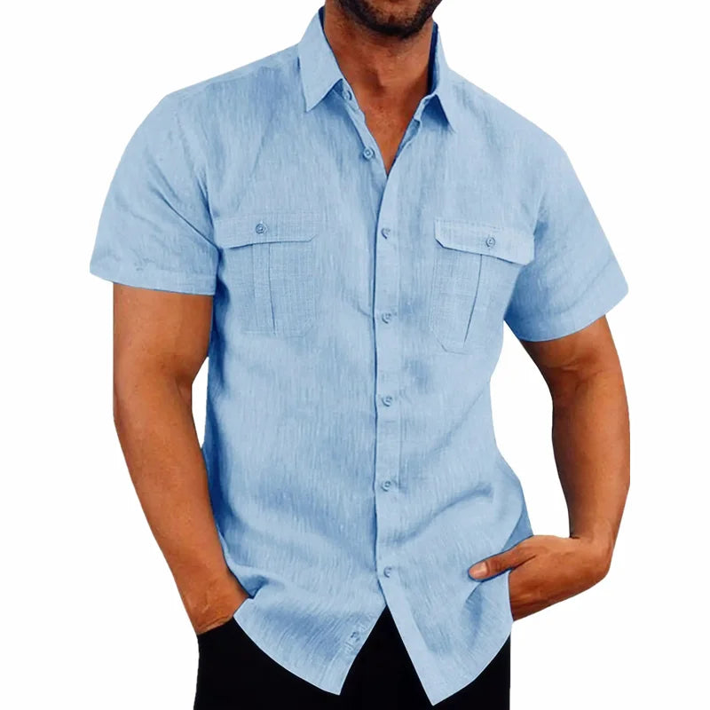 Camisas masculinas de manga curta, venda quente de linho de algodão, verão, cor sólida, gola confortável, casual, estilo praia, plus size, camisas masculinas M-4XL