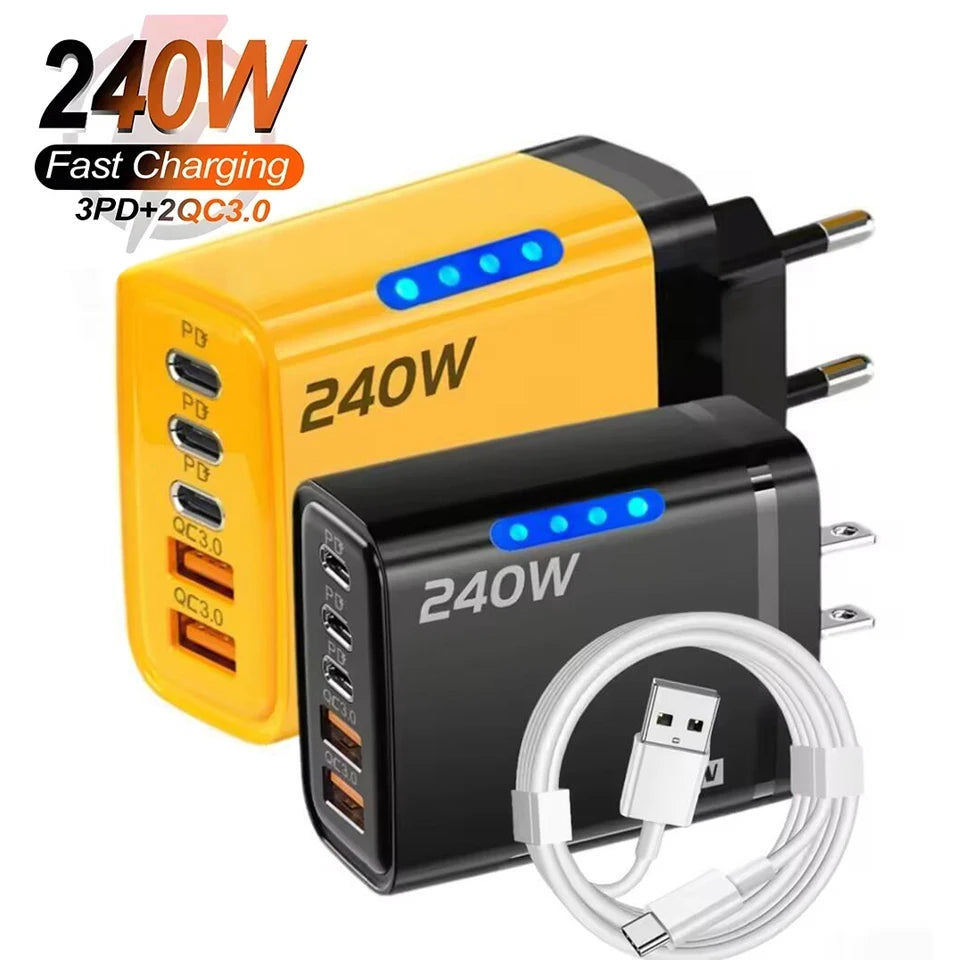 Carregador de Mesa USB C GaN 240W 5 em 1, Adaptador de Carregamento Rápido para Telefone, Cabo Tipo C 10A para iPhone, Samsung, Xiaomi, Carregador com Plugue EU/US/UK