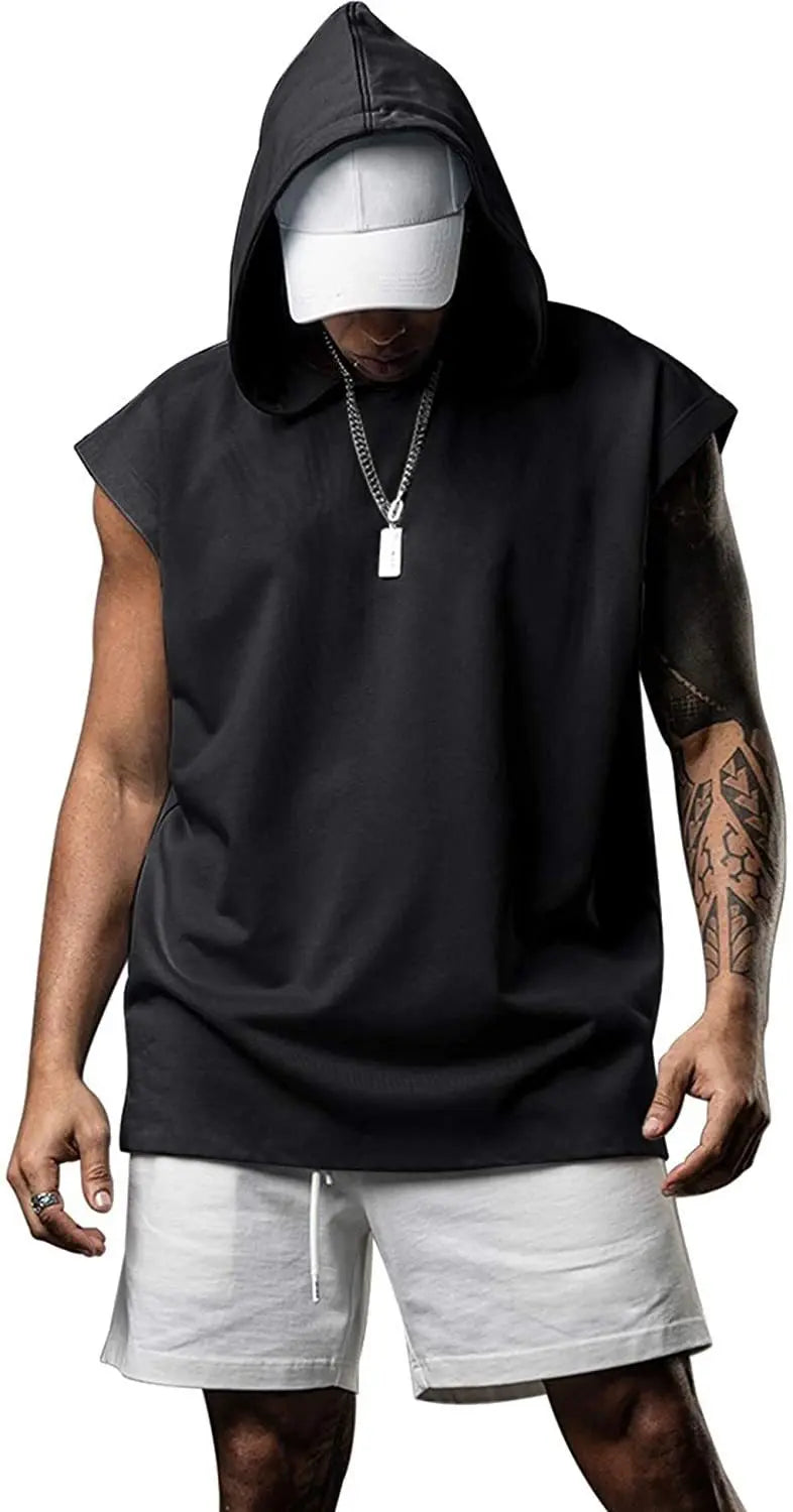 Cor sólida 2023 marca nova regata masculina colete sem mangas camisetas para masculino com capuz homem coletes topos hip hop regata masculina t camisa