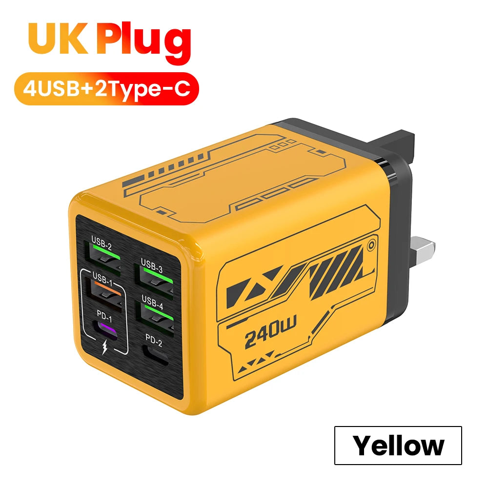 240w 6 portas 4usb + 2 tipo c carregamento super rápido carregador de telefone móvel usb3.0 pd3.0 ue/reino unido/eua carregador para iphone 17 16 samsung poco