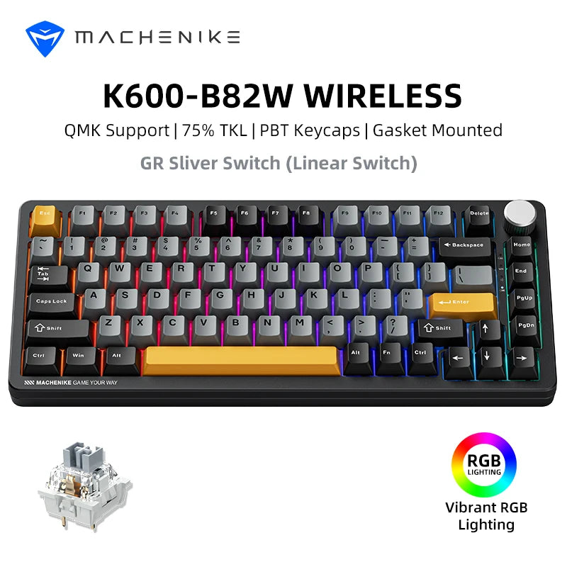 Machenike K600-B82W Teclado Mecânico Tri-Modes Junta Montada 75% ANSI Layout RGB Retroiluminado Teclado para Jogos Sem Fio
