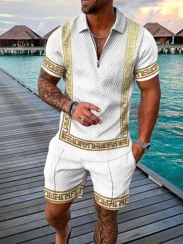 Agasalho de verão masculino terno esportivo conjunto 3d impresso casual manga curta t camisa lapela zip polo roupas masculinas jogging