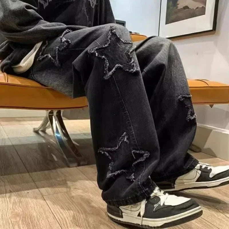2025 nova moda estrelas toalha bordado marrom calças jeans masculinas y2k roupas retas hip hop calças de algodão pantalon homme
