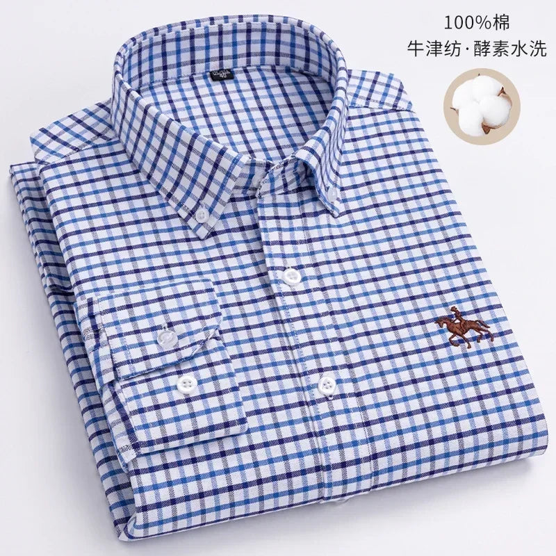 Casual puro algodão oxford camisas masculinas manga longa bordado cavalo design regular ajuste moda botão homem vestido branco camisa