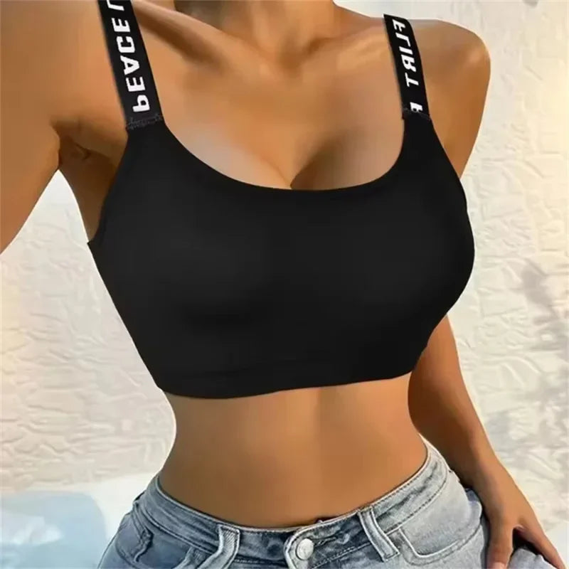 Roupa Íntima Esportiva Feminina, Top Cropped Sem Costura para Yoga e Fitness, Alças Largas com Letras, Confortável para Atividades Físicas, Sem Arame
