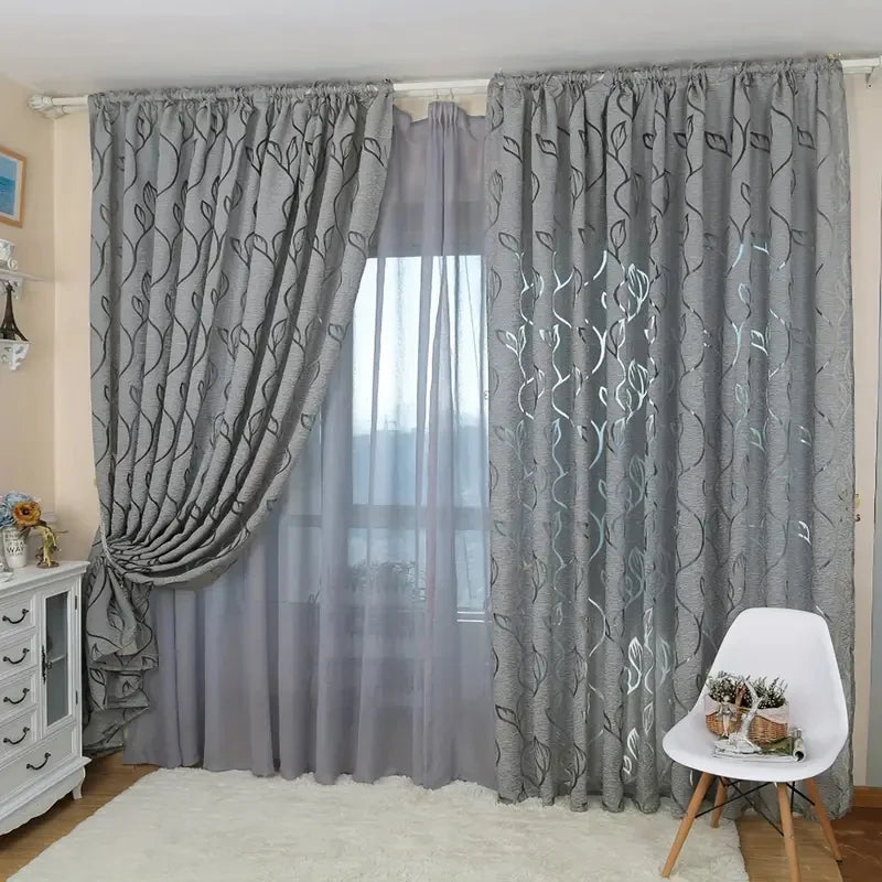 Simples cinza bordado oco para fora folha pura cortina haste bolso cortina sala de estar escritório decoração casa jardim festa casamento