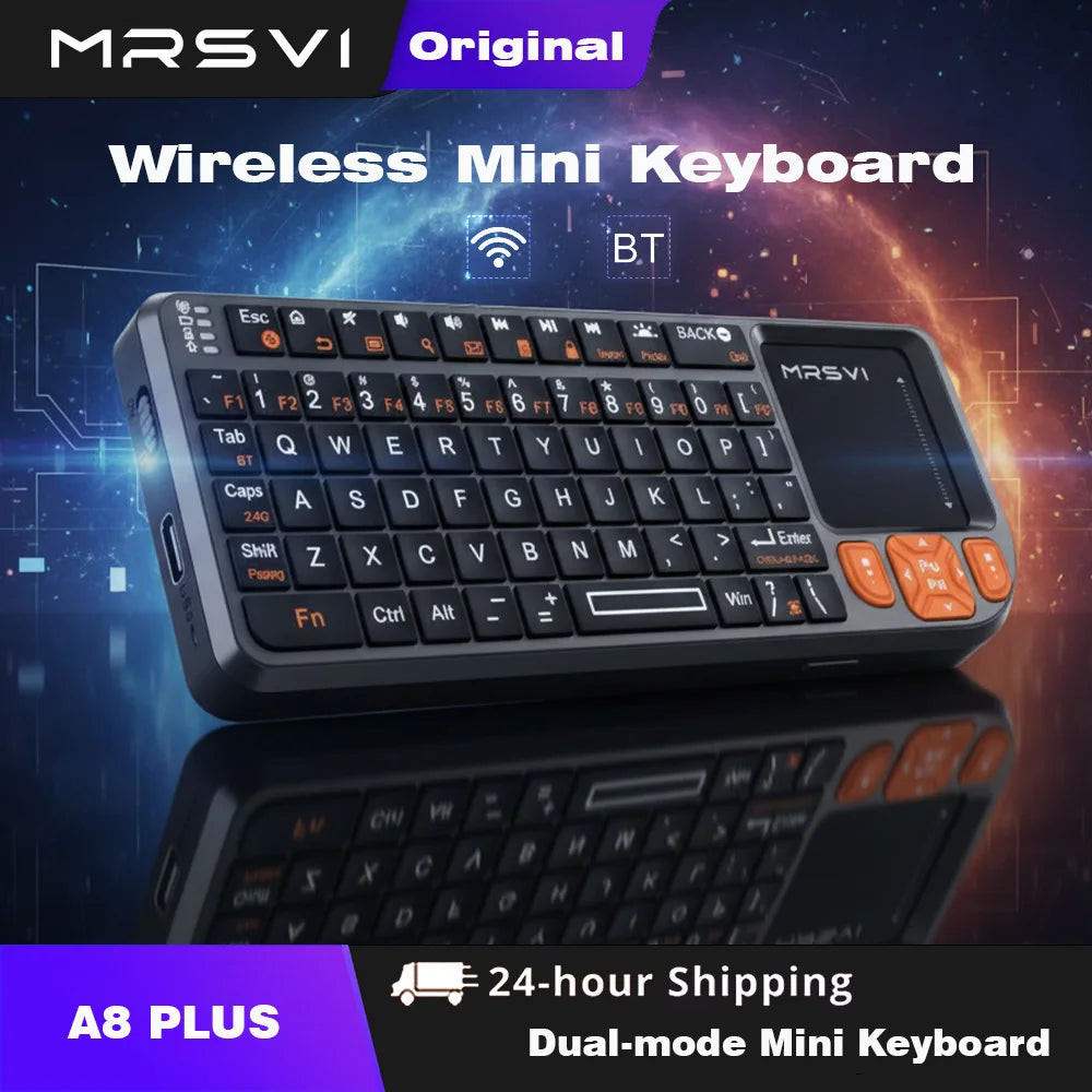 Teclado Mini MRSVI A8 PLUS, Teclado Sem Fio Retroiluminado 2.4GHz&Bluetooth5.0 com Touchpad para Android TV Box, Mac, Laptop, Windows