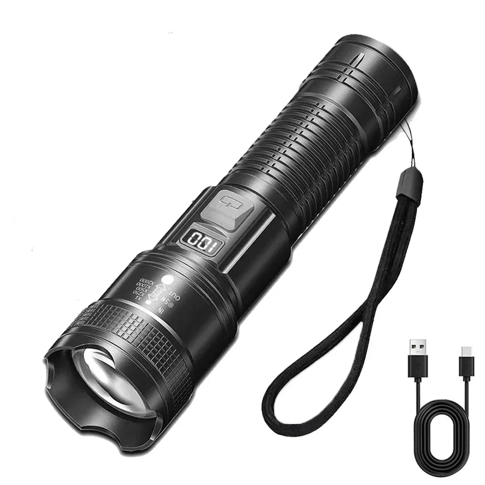 Lanternas LED de Alta Potência com Display, Tocha Tática, Luz de Display, Carregamento USB, Camping, Pesca, Defensa Zoom Lanterna, 300000LM