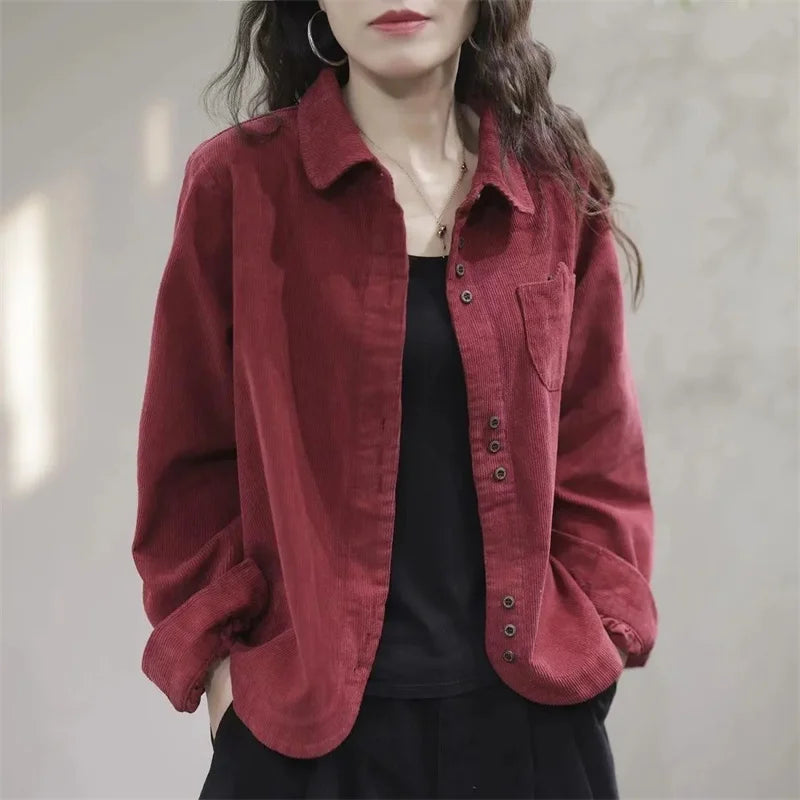 Camisa Feminina de Corduroy com Gola Lapela e Manga Longa, Estilo Cardigã Curto, Nova Coleção Primavera Outono 2026, Moda Artística e Casual