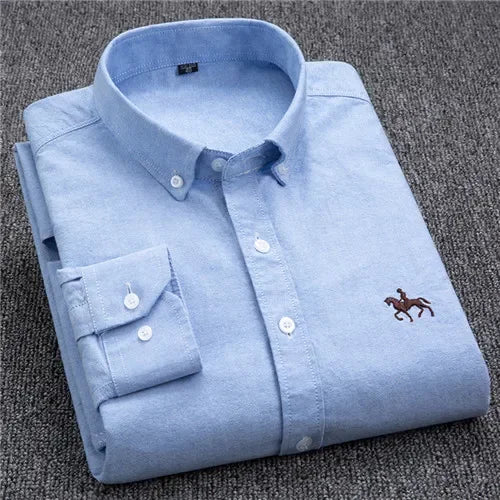 Casual puro algodão oxford camisas masculinas manga longa bordado cavalo design regular ajuste moda botão homem vestido branco camisa