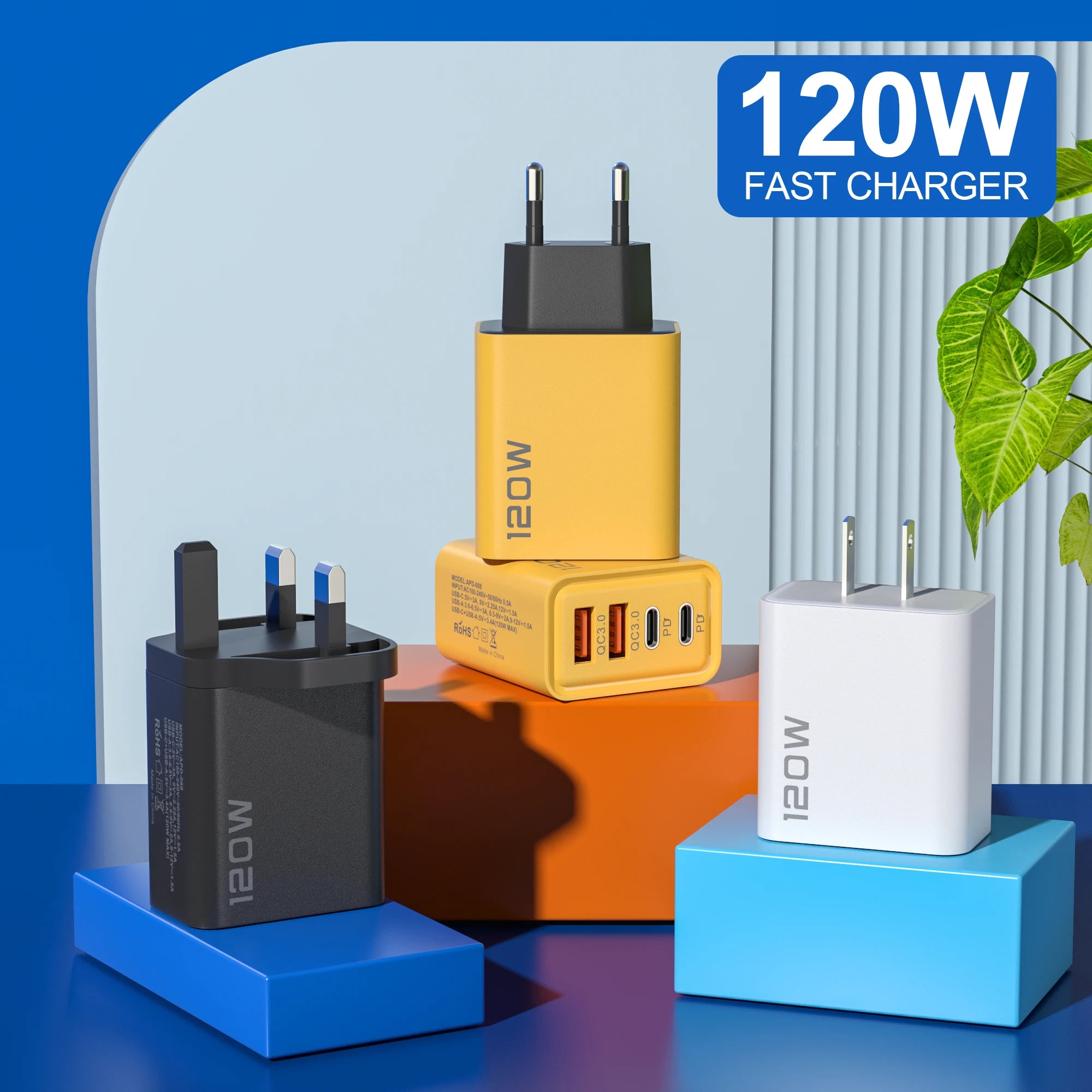 Carregador de 4 portas 120W com Quick Charge 3.0, USB C PD Tipo C, carregador de celular com carregamento rápido para iPhone, Samsung, Xiaomi, Huawei