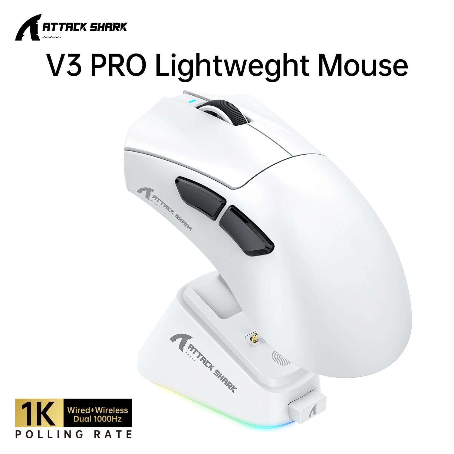 Mouse Gamer Ultra-Leve ATTACK SHARK V3PRO com Base de Carregamento, Conexão Sem Fio 2.4G/Bluetooth/Com Fio, 25000DPI, Taxa de Polling de 1000hz