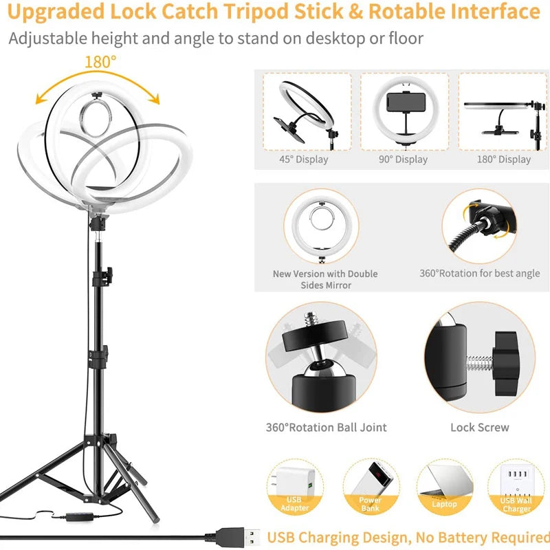 Anel de luz led para selfie, 10 polegadas, com suporte para telefone, regulável, 16-33cm, lâmpada de preenchimento, fotografia, anel de luz para vídeo vlog, lâmpada de preenchimento ao vivo