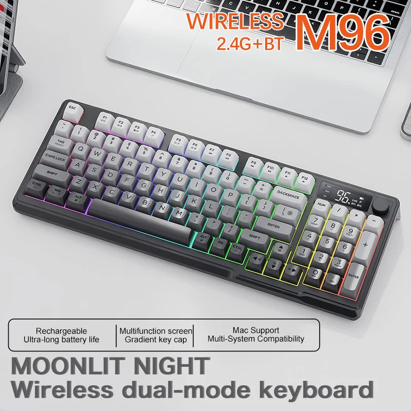 Teclado sem fio FreeWolf M96 com tela, teclado para jogos Bluetooth conexão de modo duplo, ligação multidispositivo, ergonômico