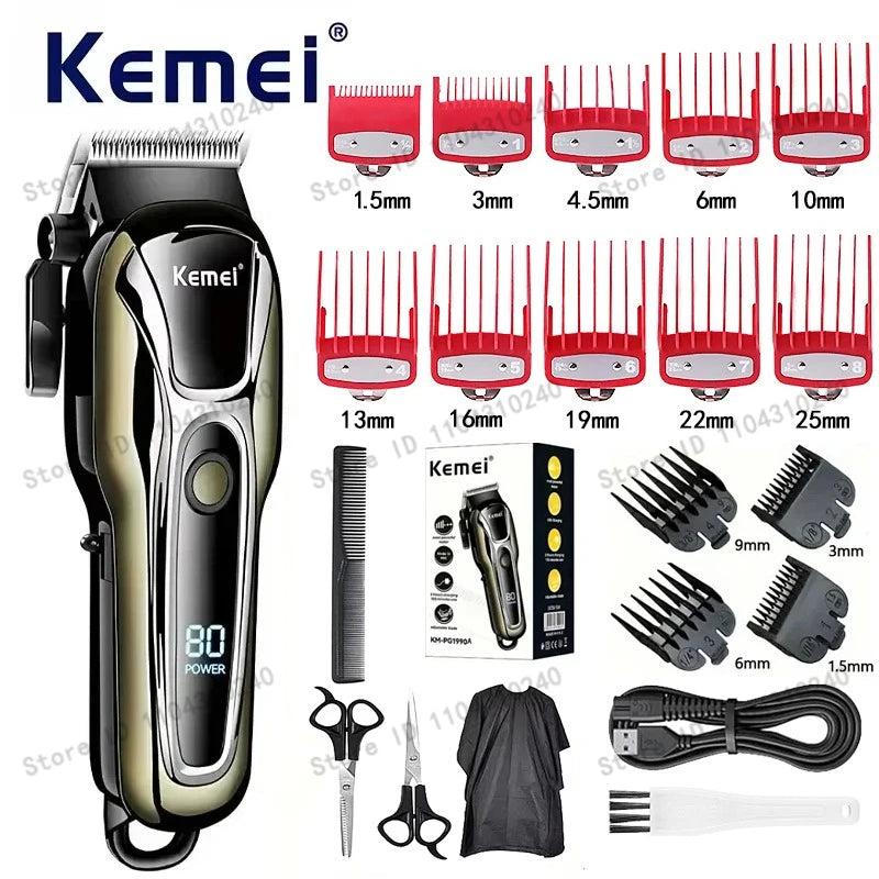 Máquina de Cortar Cabelo Elétrica Multifuncional Kemei Km-PG1990A, Aparador Recarregável Profissional com Cabeça Ajustável