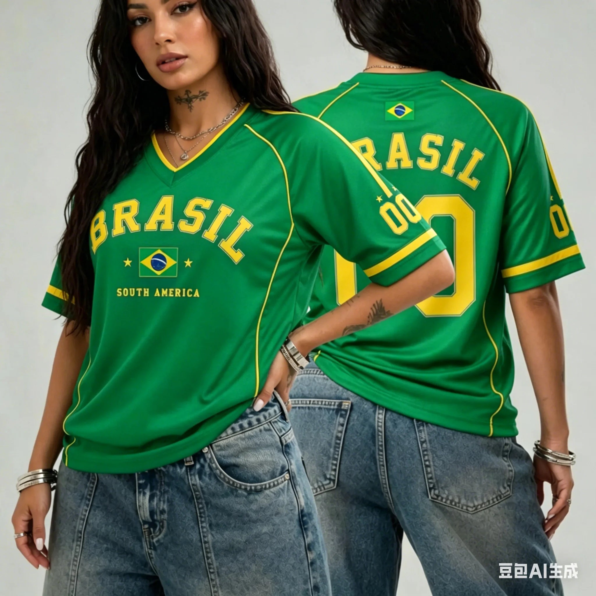 Camiseta Feminina Brasil 00 Estampada com Decote V e Manga Curta, Camiseta Gráfica de Verão, Camiseta Esportiva Plus Size