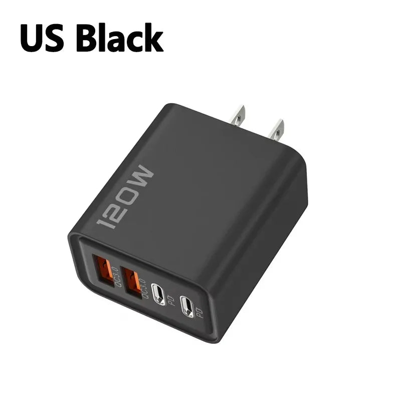 Carregador de 4 portas 120W com Quick Charge 3.0, USB C PD Tipo C, carregador de celular com carregamento rápido para iPhone, Samsung, Xiaomi, Huawei