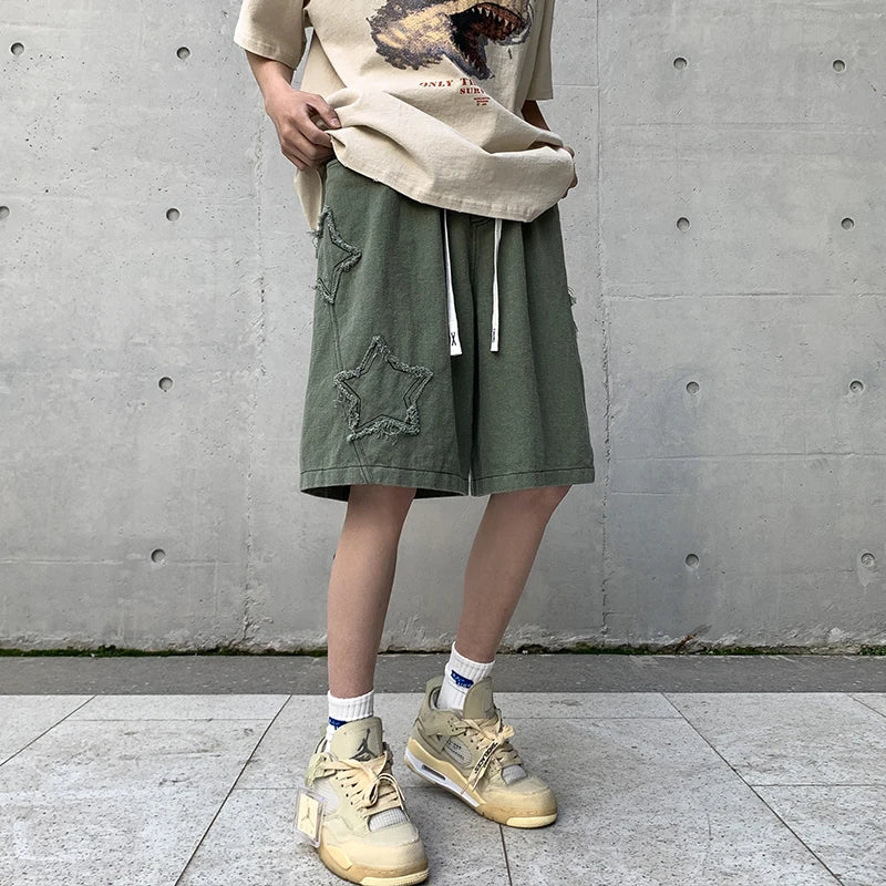Estrela retalhos shorts masculino vintage denim verão básico simples all-match venda quente cintura alta lazer ulzzang streetwear chique shorts