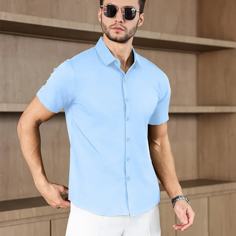 Novo negócio masculino casual cor sólida camisa de manga curta para moda verão sem engomar confortável e versátil topo