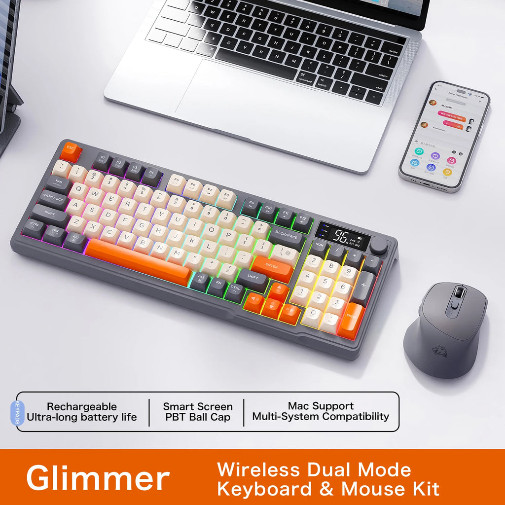 Teclado sem fio FreeWolf M96 com tela, teclado para jogos Bluetooth conexão de modo duplo, ligação multidispositivo, ergonômico