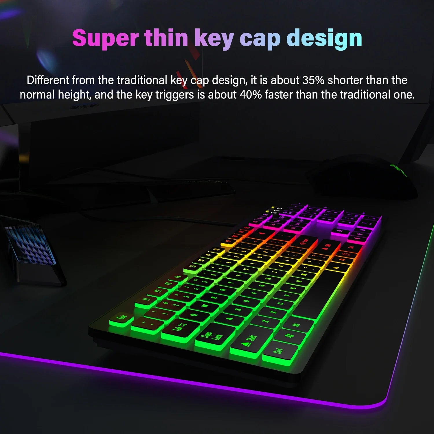 Teclado para jogos de computador com iluminação RGB, silencioso, com fio, USB, para escritório e casa, em russo, francês, espanhol, alemão, árabe e inglês.