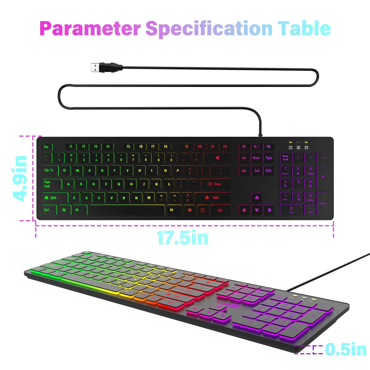 Teclado para jogos de computador com iluminação RGB, silencioso, com fio, USB, para escritório e casa, em russo, francês, espanhol, alemão, árabe e inglês.