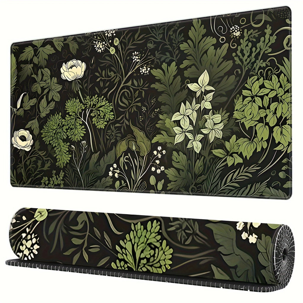 Tapete de mouse com planta floral verde botânica, tapete de mesa grande, acessórios de jogos antiderrapantes, bordas costuradas para escritório e casa
