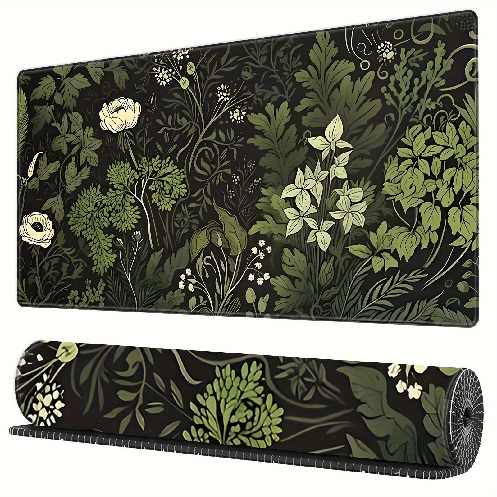 Tapete de mouse com planta floral verde botânica, tapete de mesa grande, acessórios de jogos antiderrapantes, bordas costuradas para escritório e casa